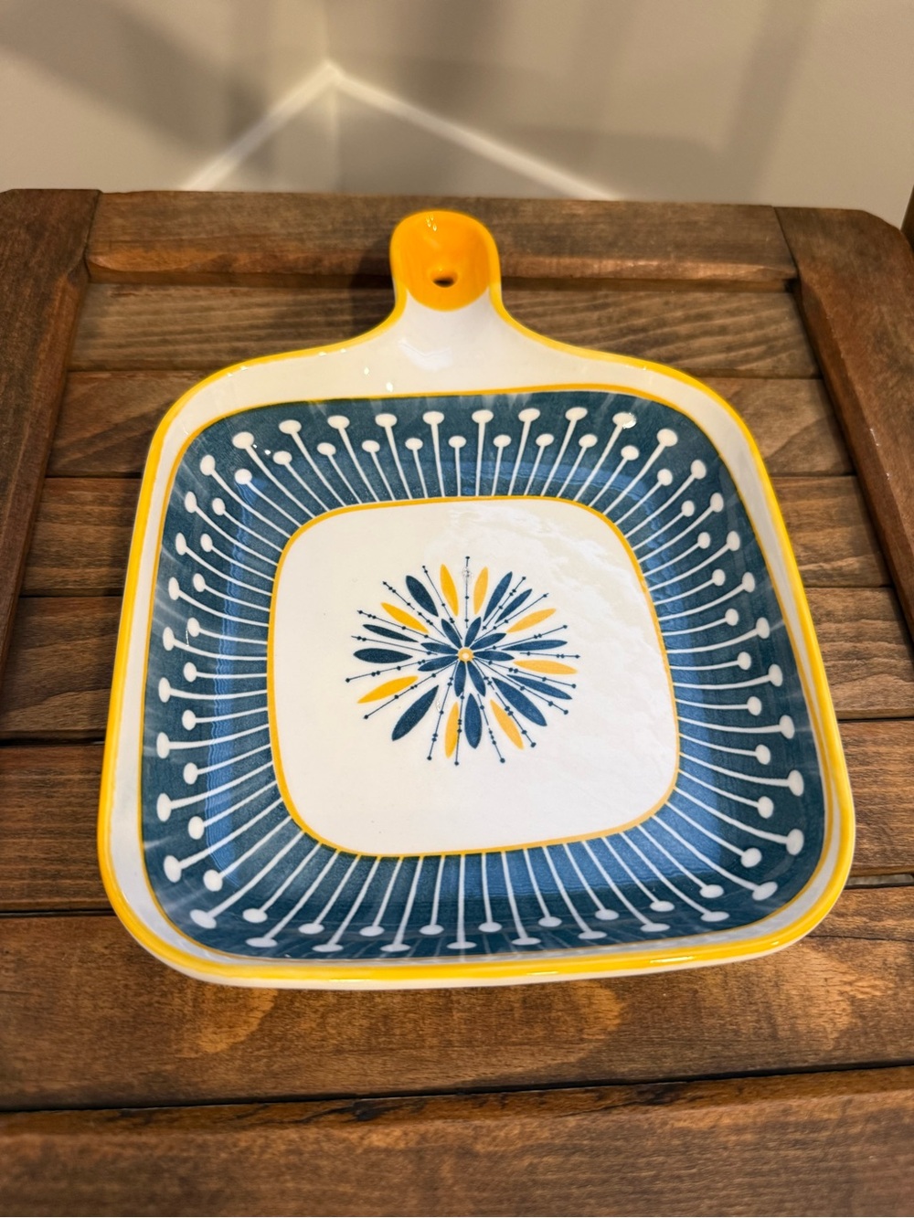 Vintage Mid Century Style Ceramic Spoon Rest Tray Blue Yellow Floral